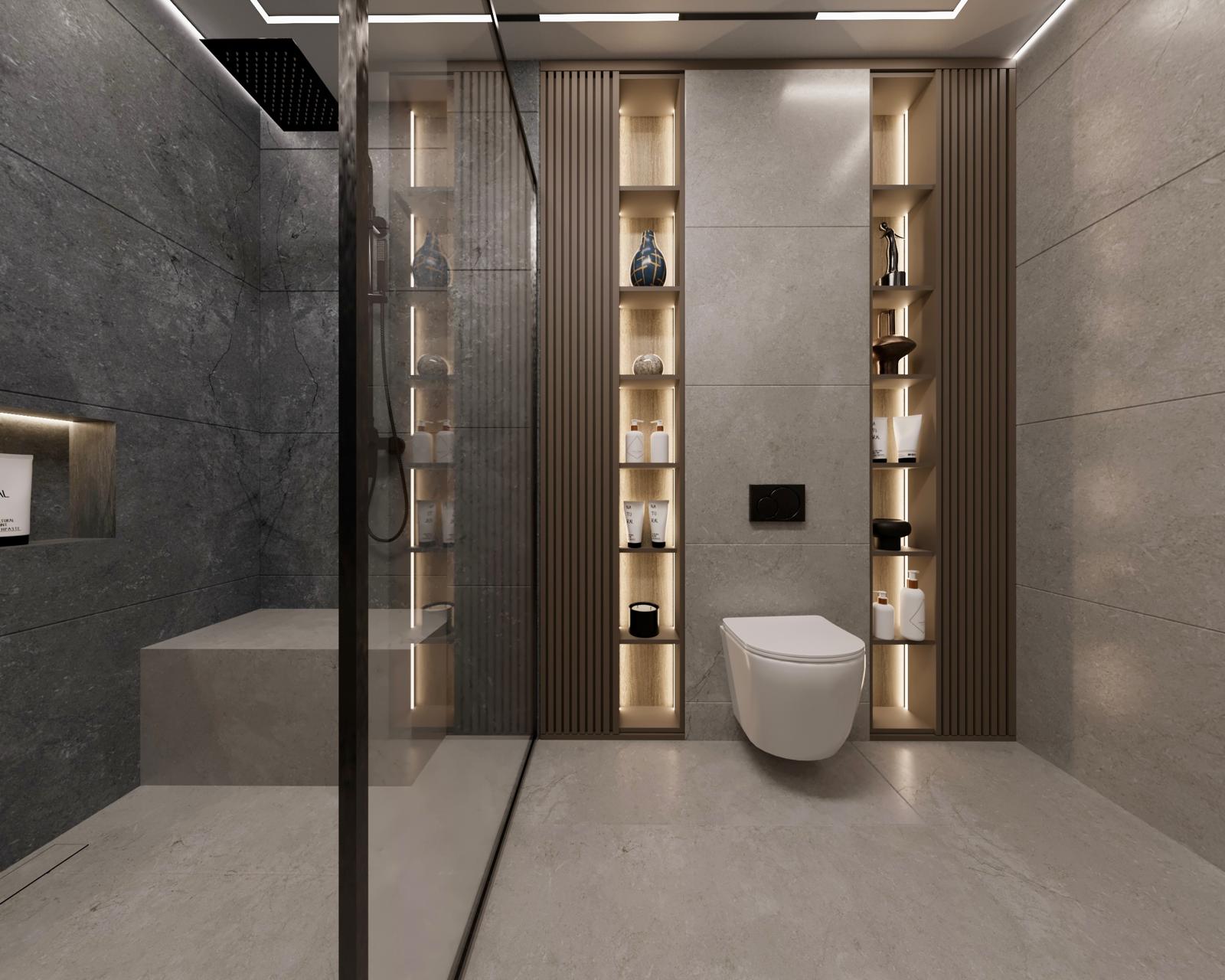 Ahşap raflı, ışıklı banyo konsepti
