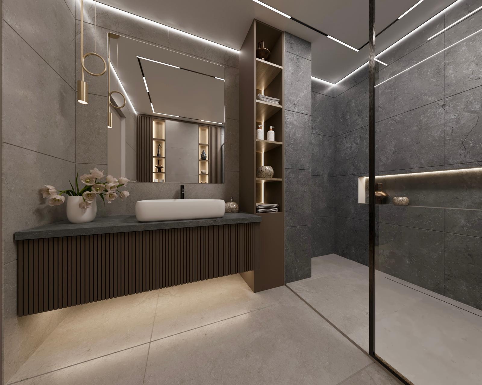 Antrasit taş kaplamalı banyo konsepti