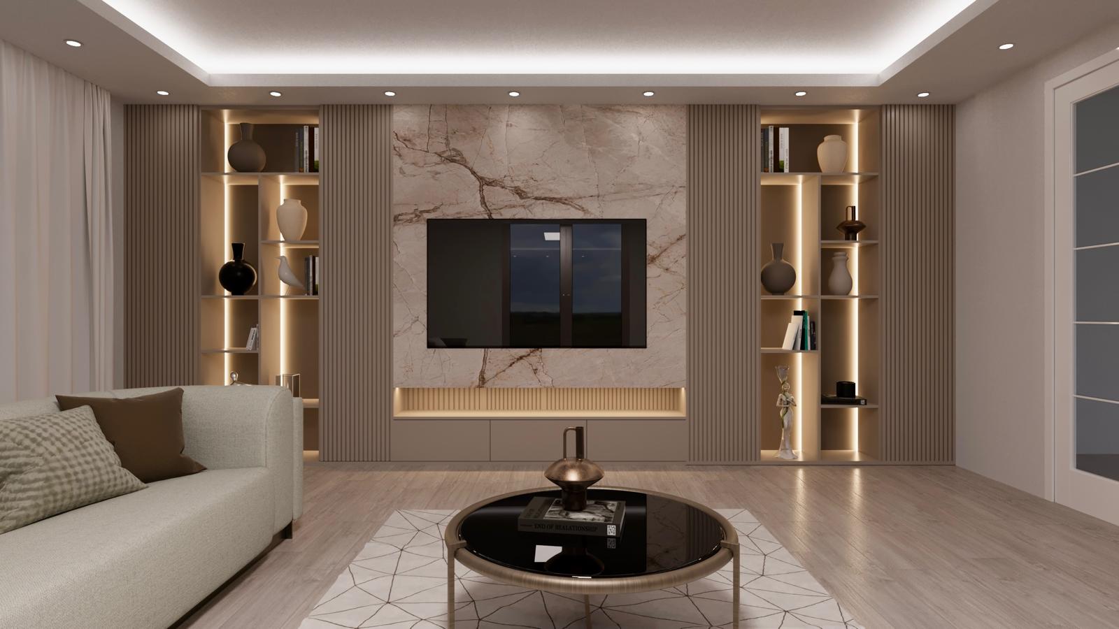 Bej tonlarda, kitaplıklı salon konsepti