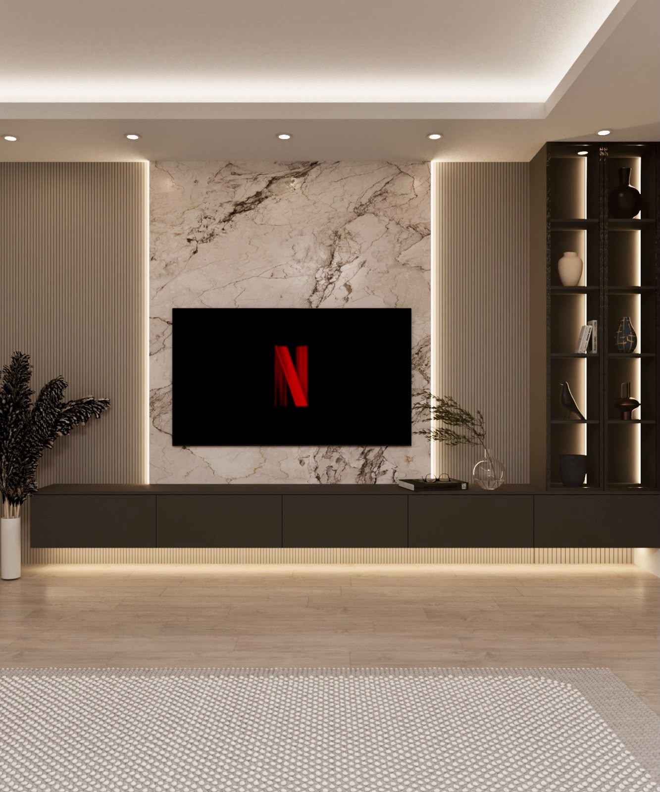 Mermer TV ünitesi ile koyu tonlu salon konsepti